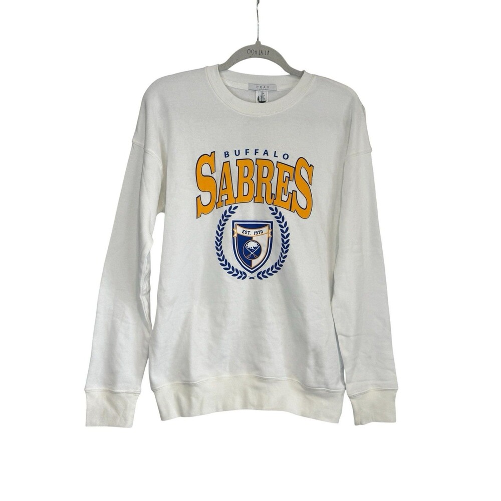 WEAR by Erin Andrews Sweatshirt Small White Yellow Pullover NHL Buffalo Sabres